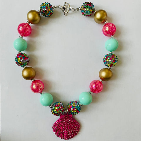 PINK RHINESTONE SEASHELL BUBBLEGUM NECKLACE