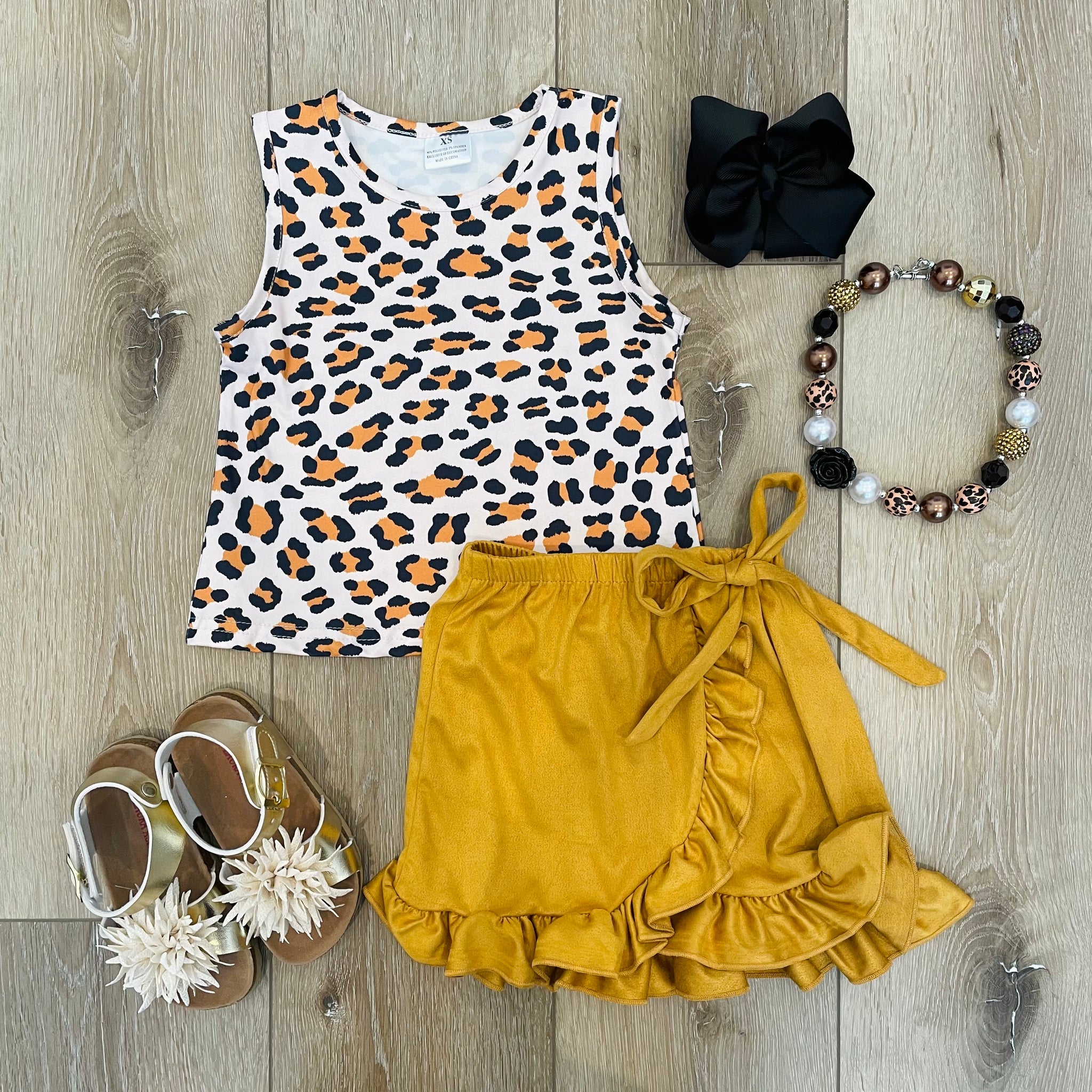 LEOPARD PRINTED TAN RUFFLE SKIRT SET