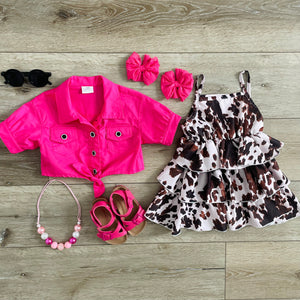 HOT PINK COW PRINT TWO PIECE RUFFLE DRESS SET