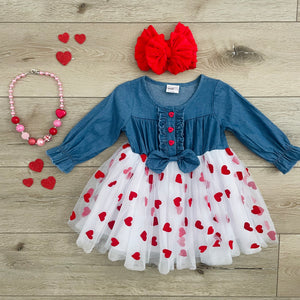 RED HEART VELVET LOVE DENIM DRESS