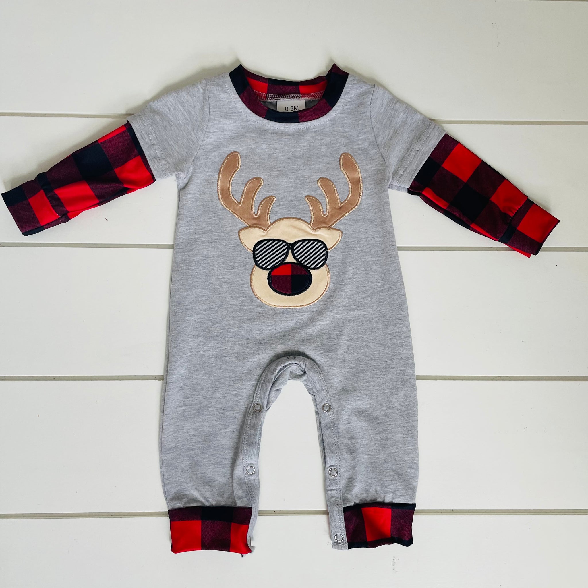 ROCKIN' REINDEER SUNGLASSES PLAID ROMPER