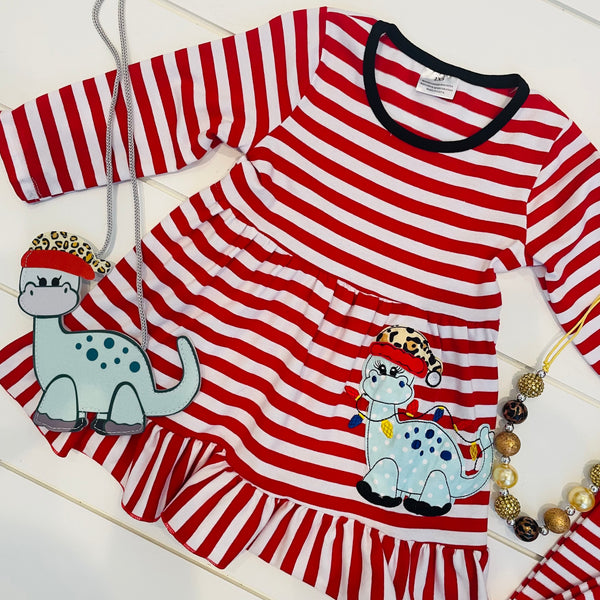 DINOSAUR RED STRIPED LIGHTS POCKET DRESS PURSE AND SOCKS