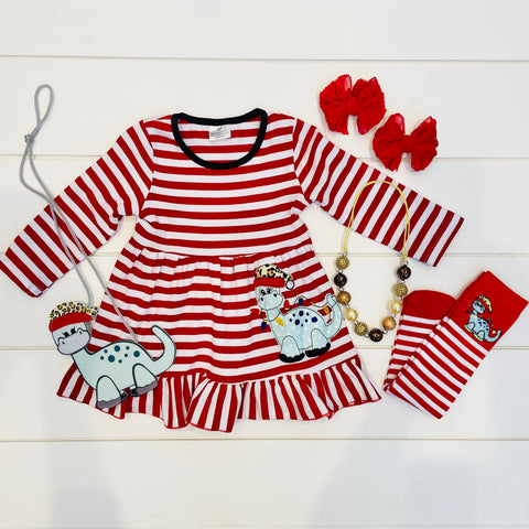 DINOSAUR RED STRIPED LIGHTS POCKET DRESS PURSE AND SOCKS