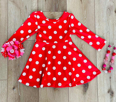 RED AND WHITE POLKA DOT LONG SLEEVE DRESS