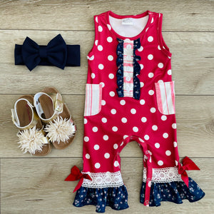 RED AND NAVY BLUE POLKA DOT AND FLORAL ROMPER