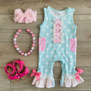 SKY BLUE POLKA DOT RUFFLE ROMPER