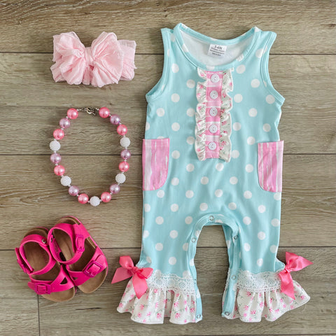 SKY BLUE POLKA DOT RUFFLE ROMPER