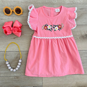 CORAL EMBROIDERED FLOWERS DRESS