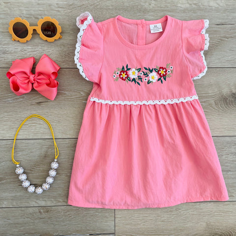 CORAL EMBROIDERED FLOWERS DRESS