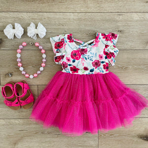 SPARKLING HOT PINK FLORAL TULLE DRESS
