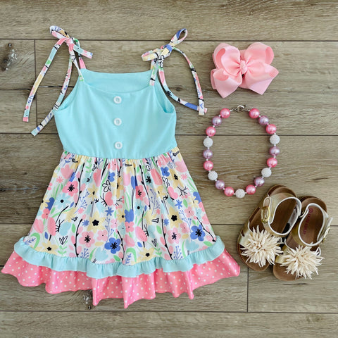 SPRING FLOWERS CORAL AND BLUE DRESS