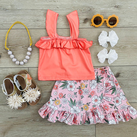 CORAL AND PINK FLORAL TOP AND SKIRT SET