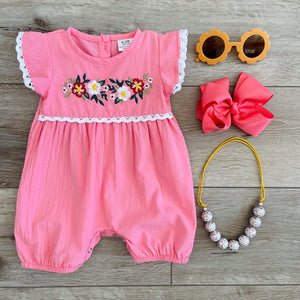 CORAL EMBROIDERED FLOWERS ROMPER