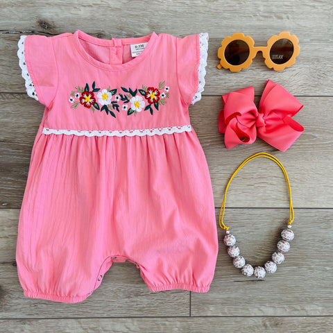 CORAL EMBROIDERED FLOWERS ROMPER
