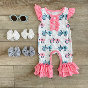 PINK AND BLUE TRACTOR ROMPER