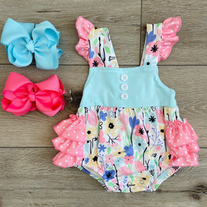 SPRING FLOWERS CORAL AND BLUE ROMPER